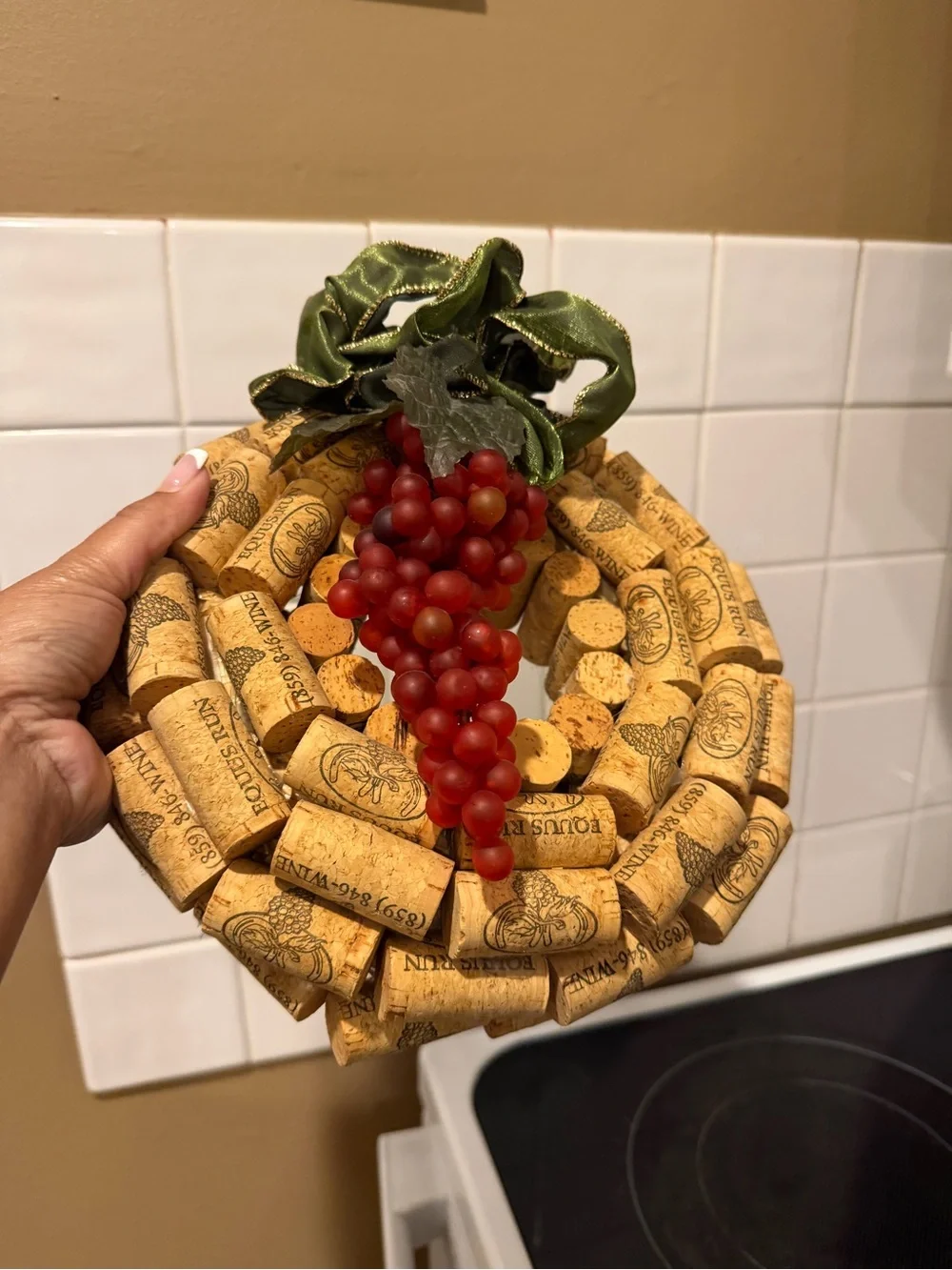 Wine. Handcrafted Wine Cork Wreath with Red Grape Accent.